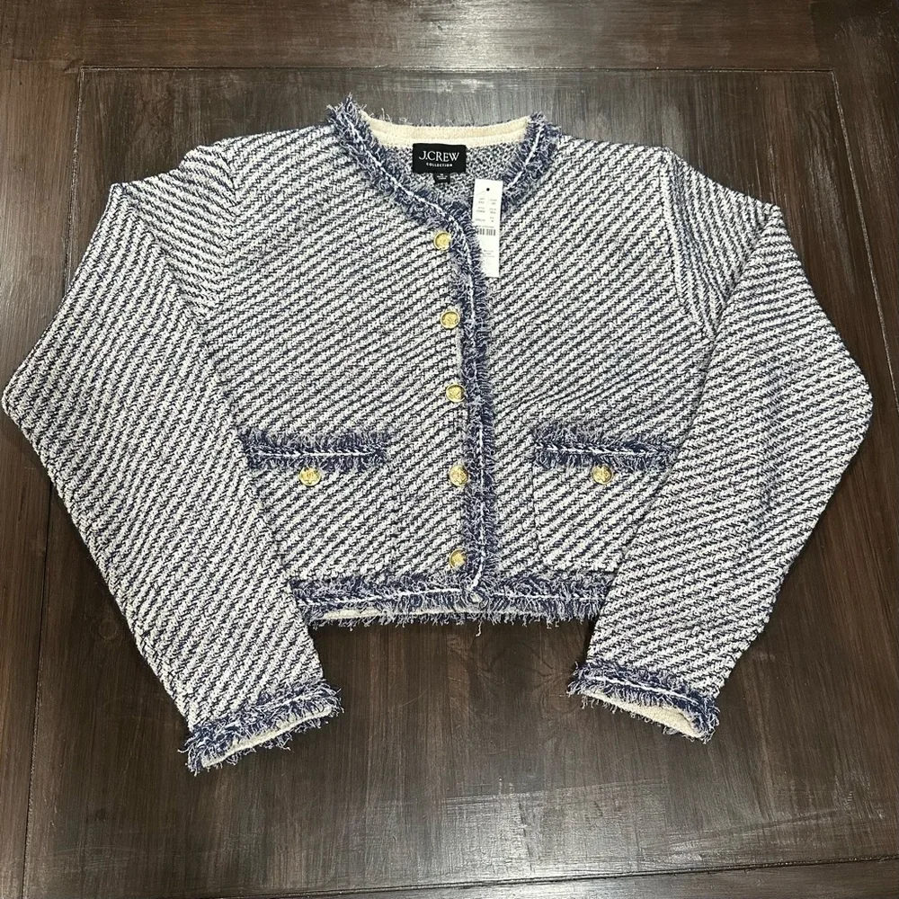 J.Crew Collection Textured Cotton Lady Jacket | NWT | M | Navy White | Fringe - Picture 3 of 15